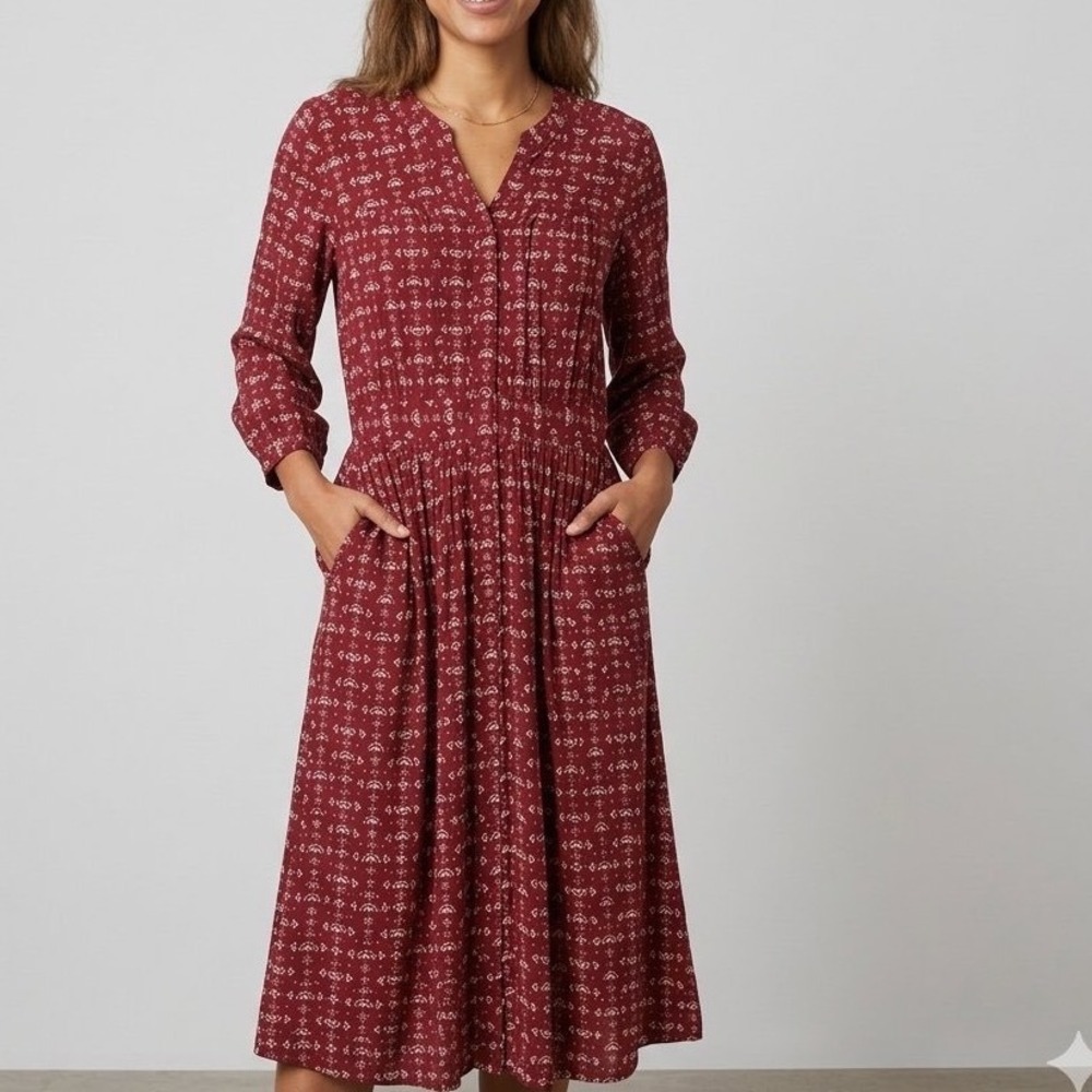 Downeast M Rust Viscose Geometric Button Front Midi Dress Pockets Peasant Boho